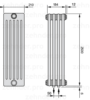 Схема (чертеж) Радиатор Zehnder Charleston 6250/4 №5410 Белый глянцевый RAL 9016